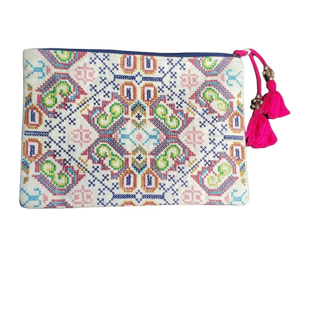 Street Level Boho Embroidered Travel Makeup Cosmetic Pencil Bag Pink Purple